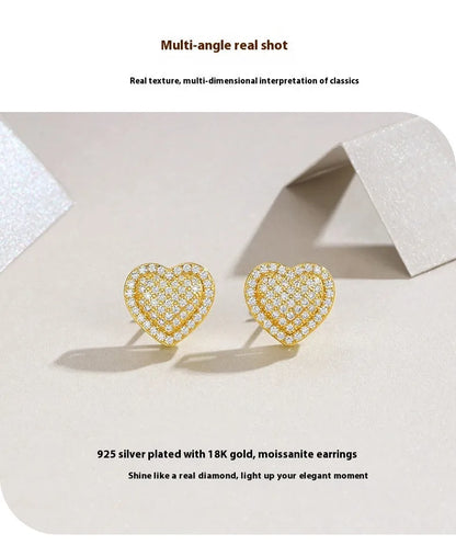 Golden heart-shaped S925 silver moissanite unisex stud earrings, one pair