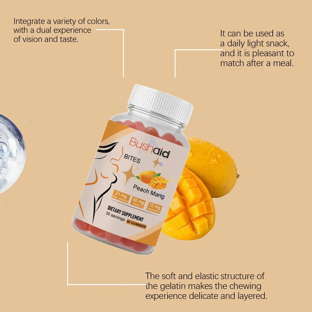 BUSHAID tanning gummy candies container with 60 soft candies containing 125μg Vitamin D3 and Haematococcus pluvialis astaxanthin