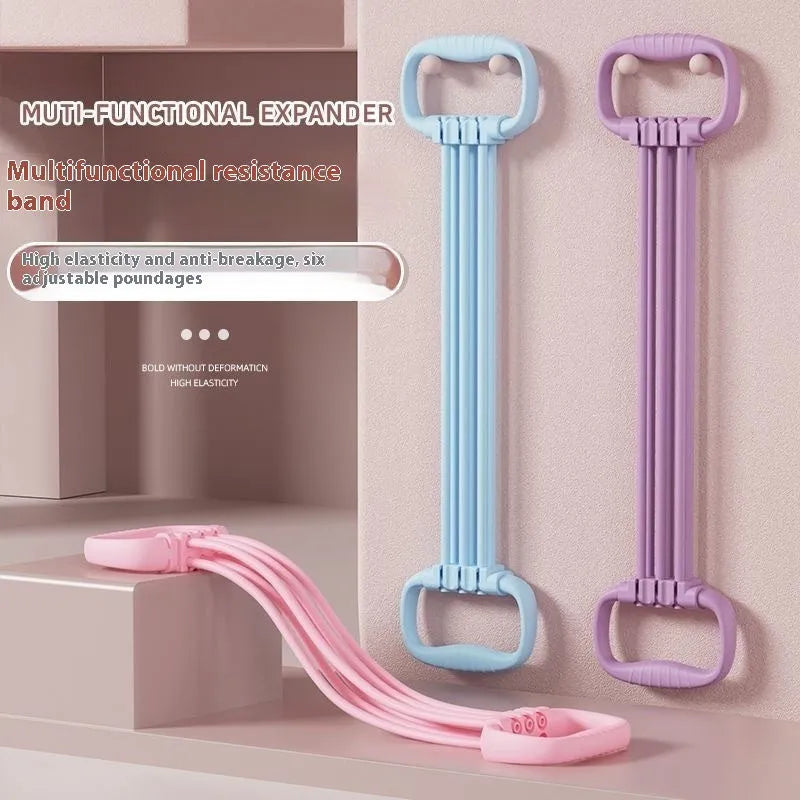 Chest expander adjustable fitness equipment with 6 gear resistance levels for women, open shoulder design TPE pulling rope for home workouts and body shaping, available in blue pink or purple