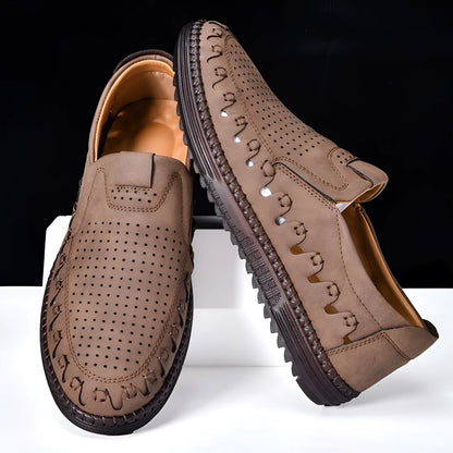Men's brown slip-on casual shoes with round toe and visible sewing line details