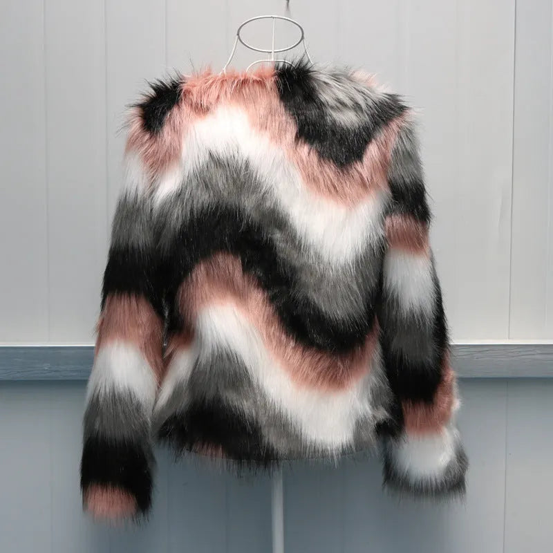 Korean style faux fur short coat with O-neck and long sleeves in picture colour