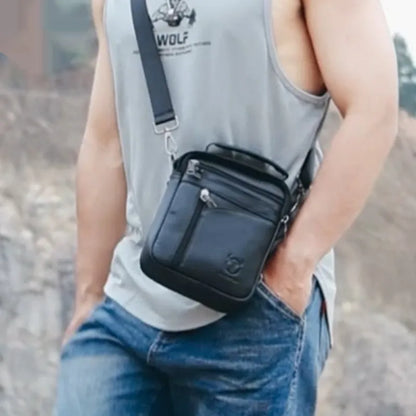 Black genuine leather men's shoulder messenger bag with retro style design