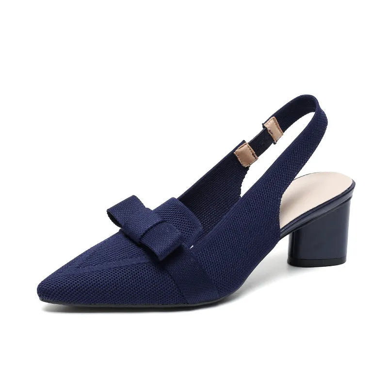 Women's closed toe high heel sandals with back strap and decorative bow in fabric uppers
