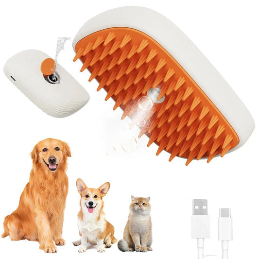 USB-rechargeable pet grooming brush with steam function for gentle, soothing grooming of cats, dogs, and other furry pets