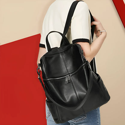 Genuine leather women's retro backpack in large capacity with waterproof construction and internal compartments