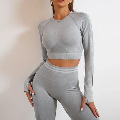 Seamless yoga leggings and long sleeve workout tops in various colors and styles
