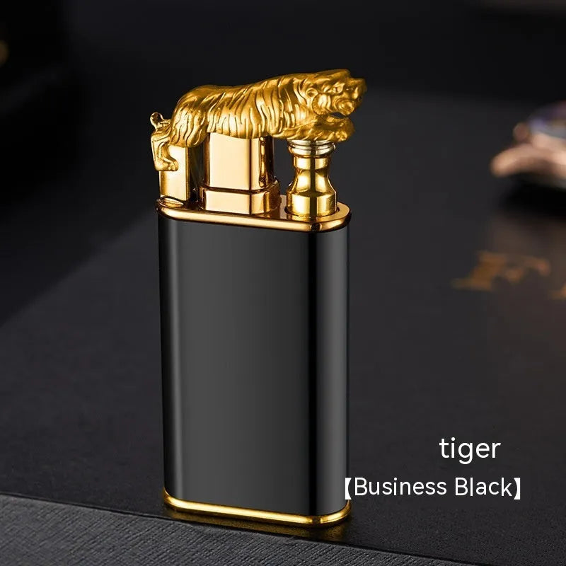 Metal windproof lighter with double flame and dragon design, showing flame from mouth.