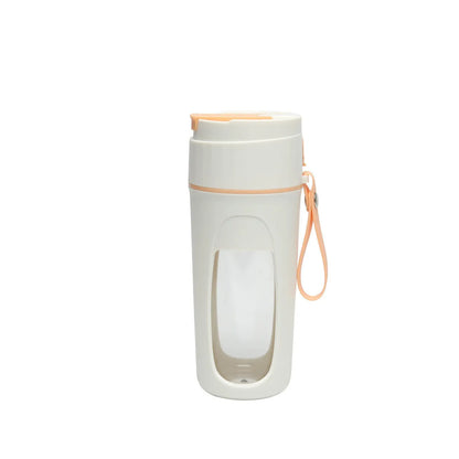 USB rechargeable portable blender cup with borosilicate glass liner in fresh orange, grass green, and light purple colours.