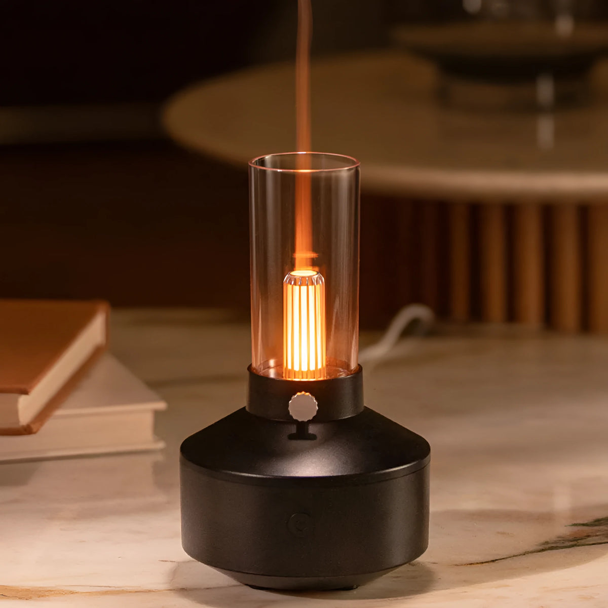 Retro 150ml ultrasonic humidifier aroma diffuser with candlelight night light, available in Black or White