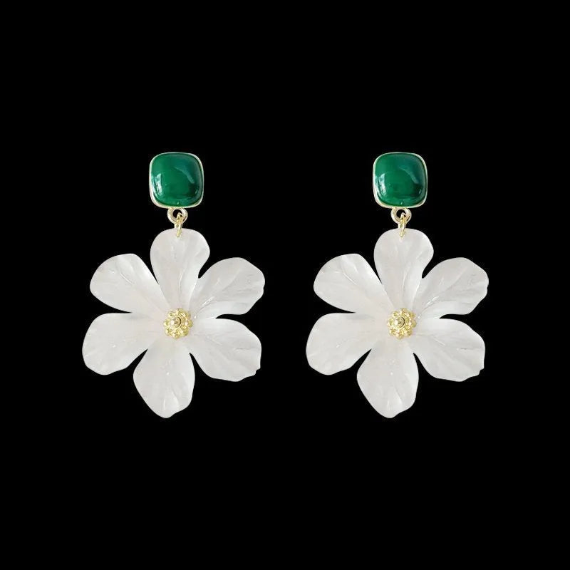 Dark green sweet flower design alloy earrings with needle construction for female wearers