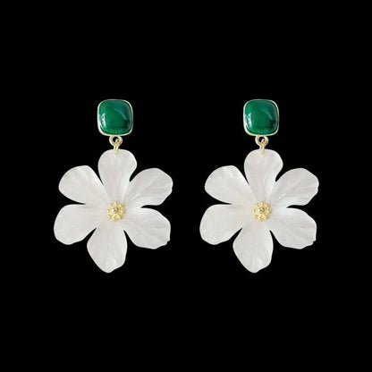 Dark green sweet flower design alloy earrings with needle construction for female wearers