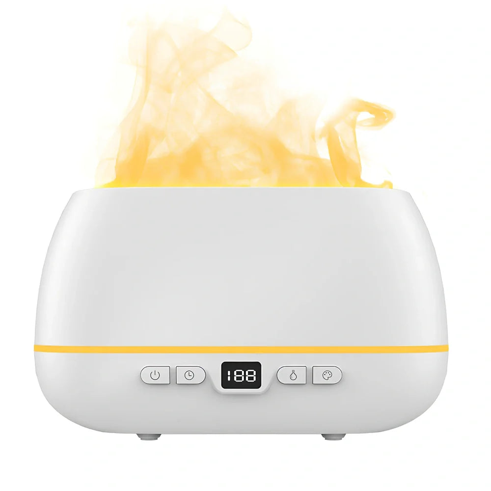White 200ml USB flame humidifier with colour lights, remote, 226x127x87mm size for aromatherapy diffusion