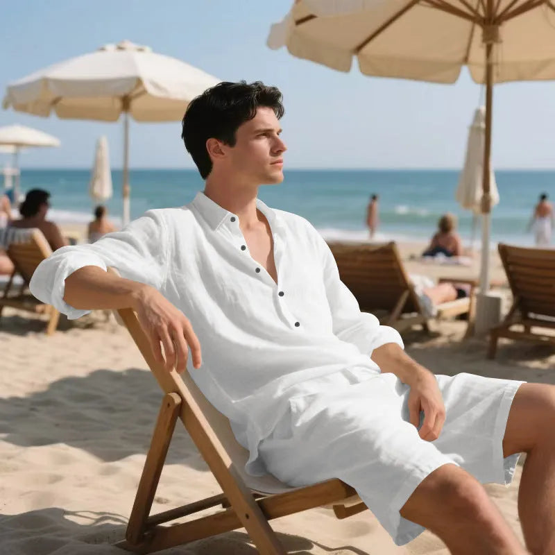 Linen long sleeve shirt and shorts casual suit set shown in available colours: white, black, khaki, light blue, gray.