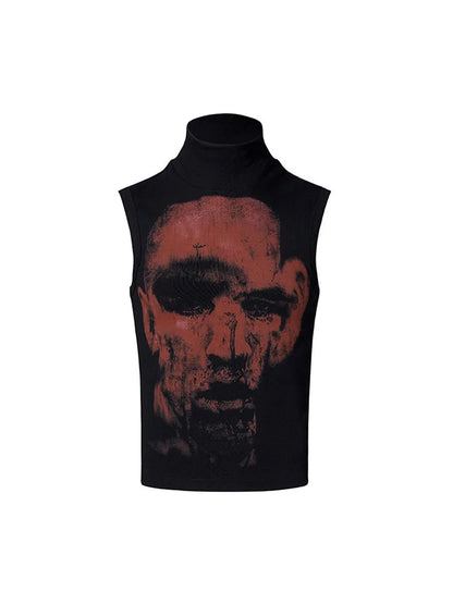 Black half turtleneck sleeveless t-shirt with character pattern printing on slim-fit cotton cloth