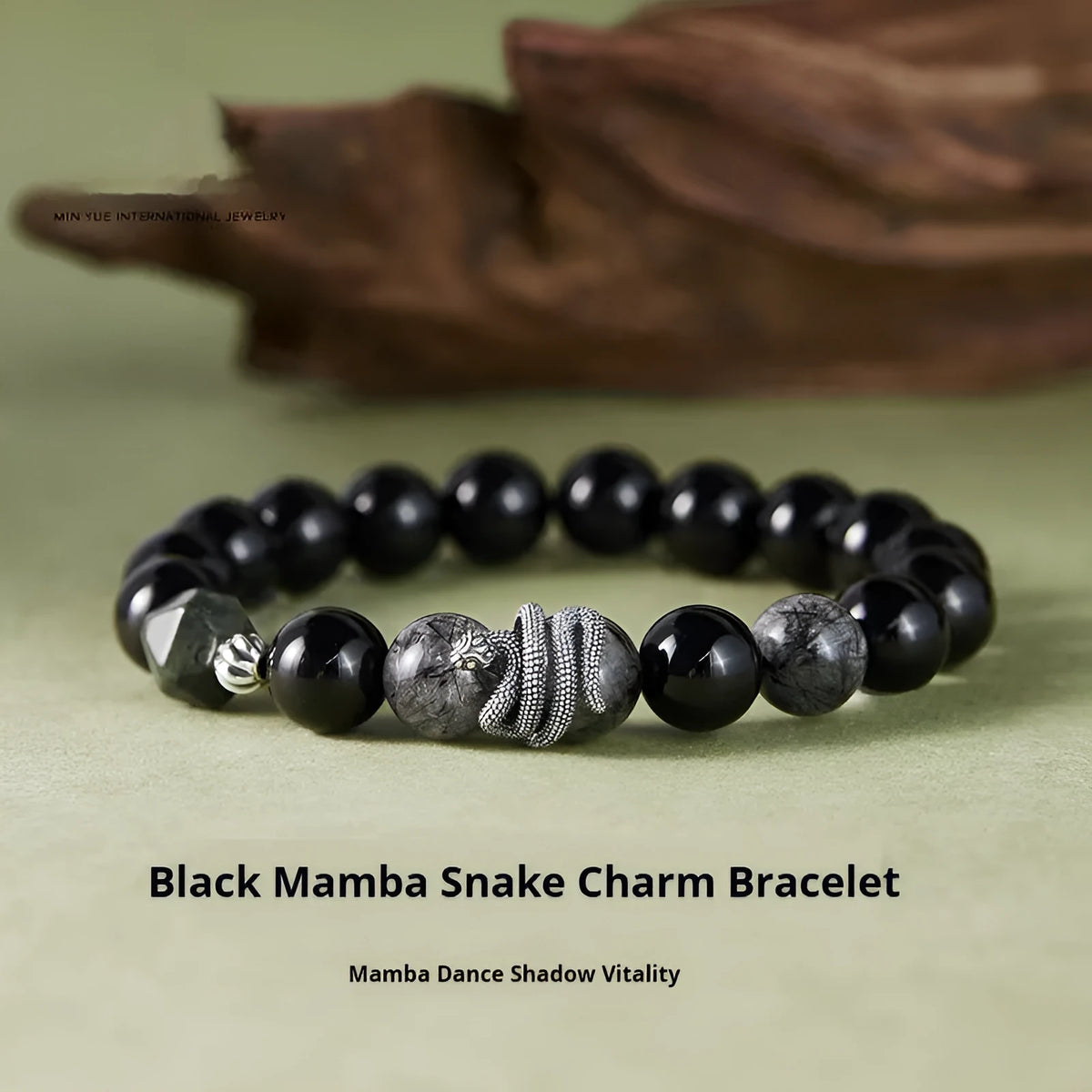 Men's black S925 sterling silver bracelet with obsidian crystal and snake zodiac design