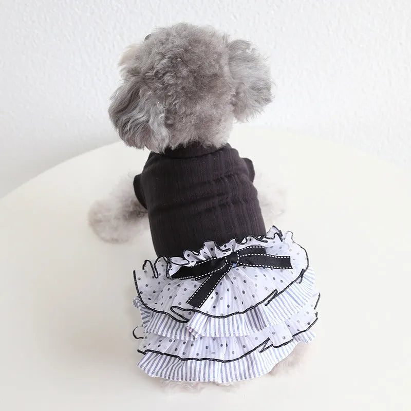 Polka dot lace cake princess dress for pets in taro purple, charcoal black, or iced coffee colours