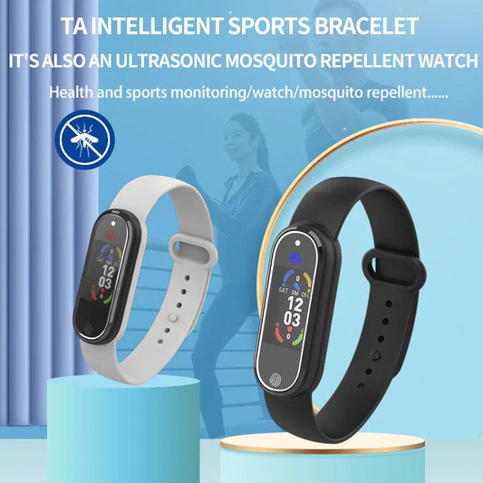 Portable ultrasonic mosquito repellent bracelet in black and white colors, featuring sleek design and USB charging capabilities.
