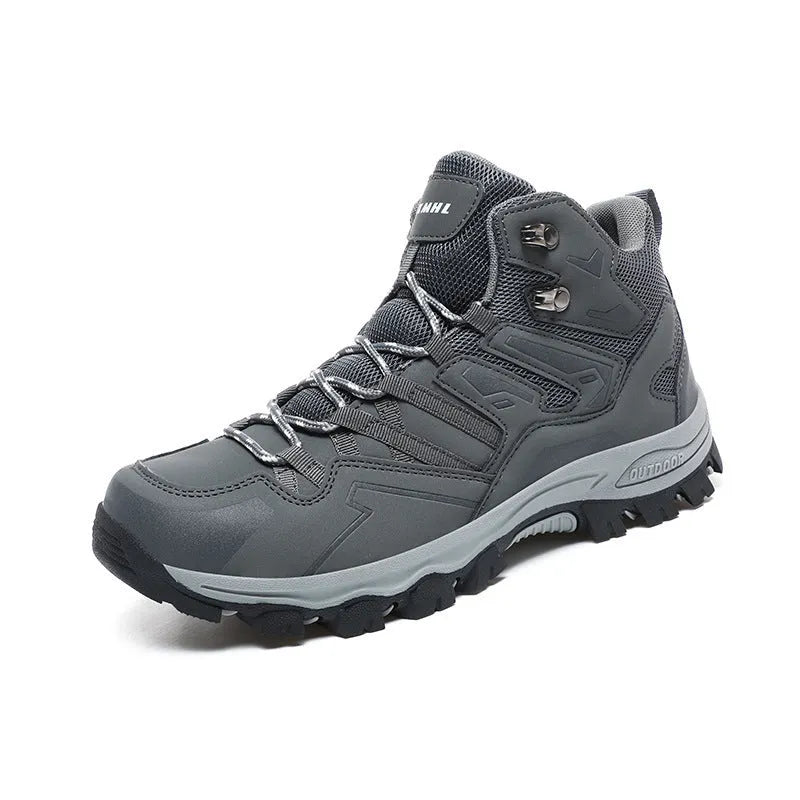 High-top hiking shoes in flannel with natural rubber sole, shown in colour options for outdoor wear.