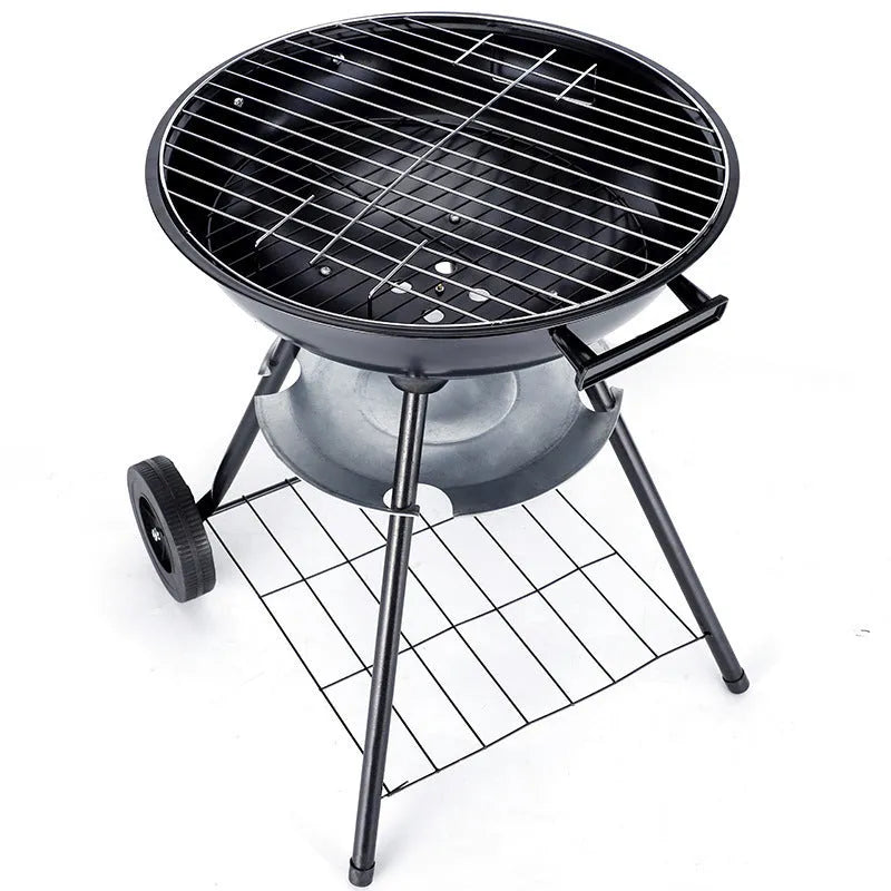 Portable barbecue oven with 14-inch circular cooking surface and iron construction