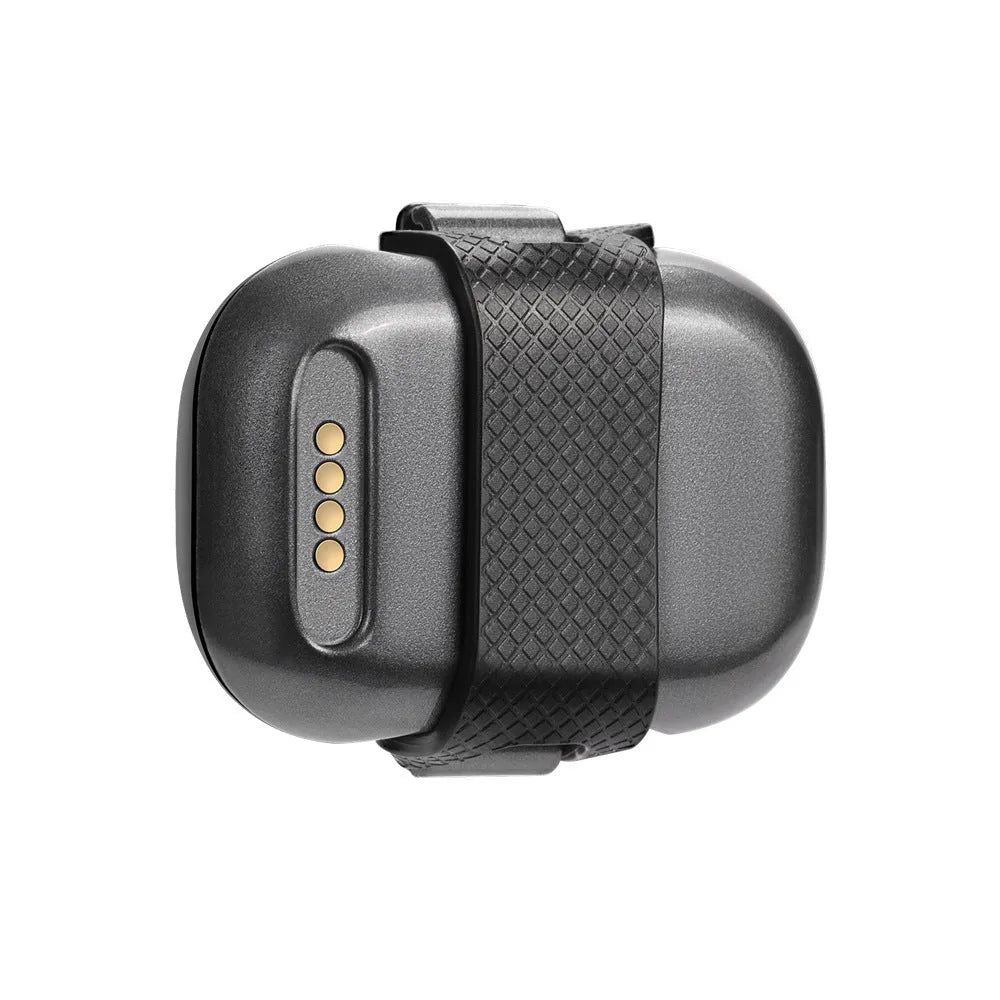 Black pet GPS tracker with hanging rope attachment and data cable