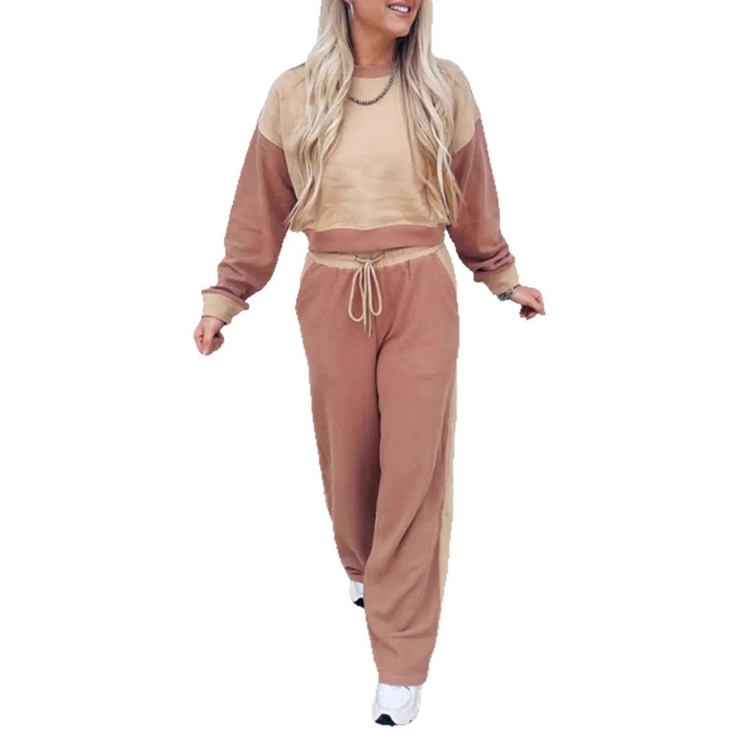 Camel colour women's cotton leisure suit with matching top and full-length trousers