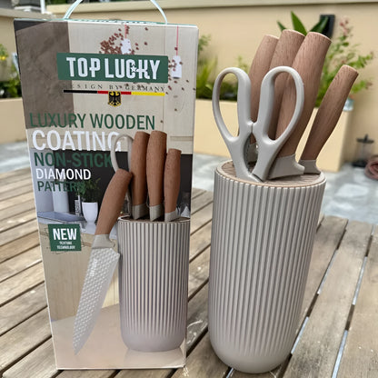 Five-piece kitchen knife set with stainless steel dish knife, scissors and khaki wood grain PP TPR handles