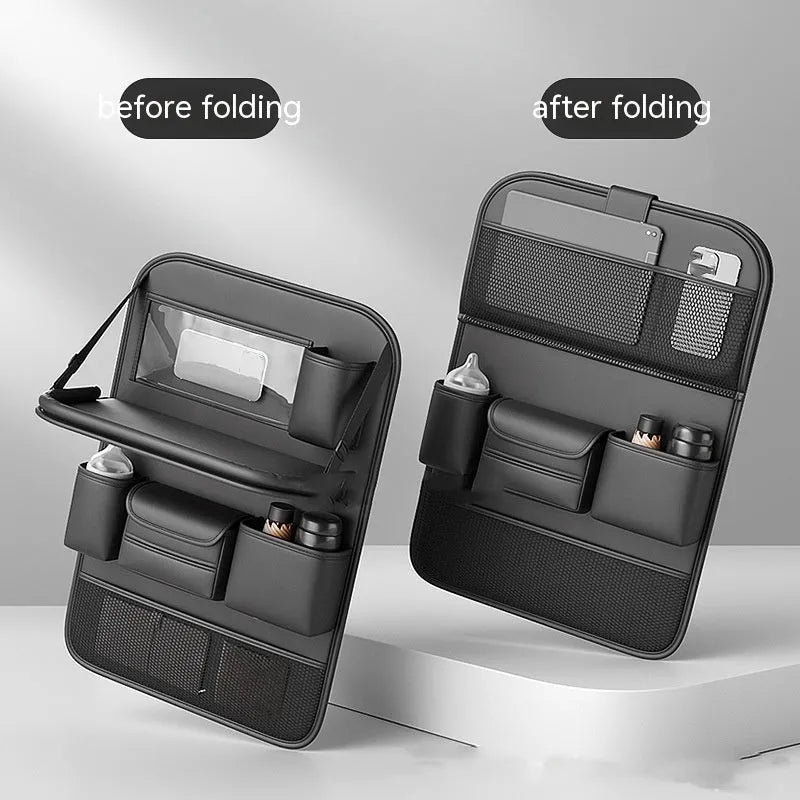 Leather car seat hanging storage bag with a fold-out dining table in black colour