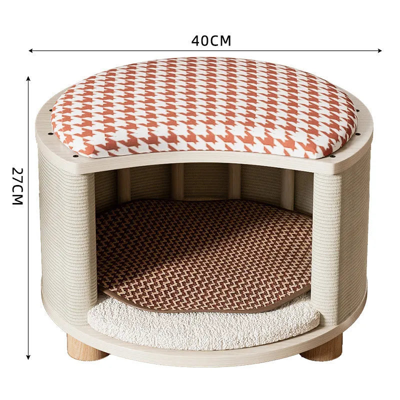 Solid wood cat nest with reversible summer mat and plush cushion, available in grey, white, plaid, and warm orange