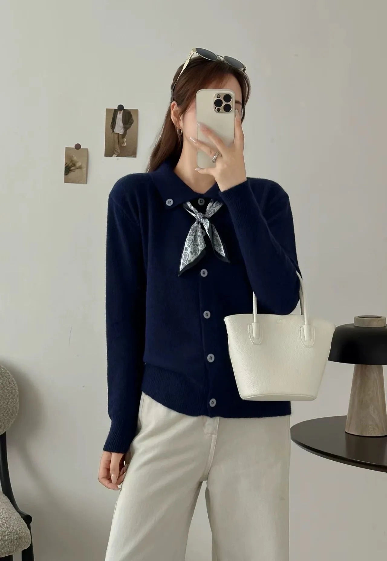 Lazy Fashion grey cardigan sweater with an attached scarf lapel, long sleeves, and an oversized free-size fit.