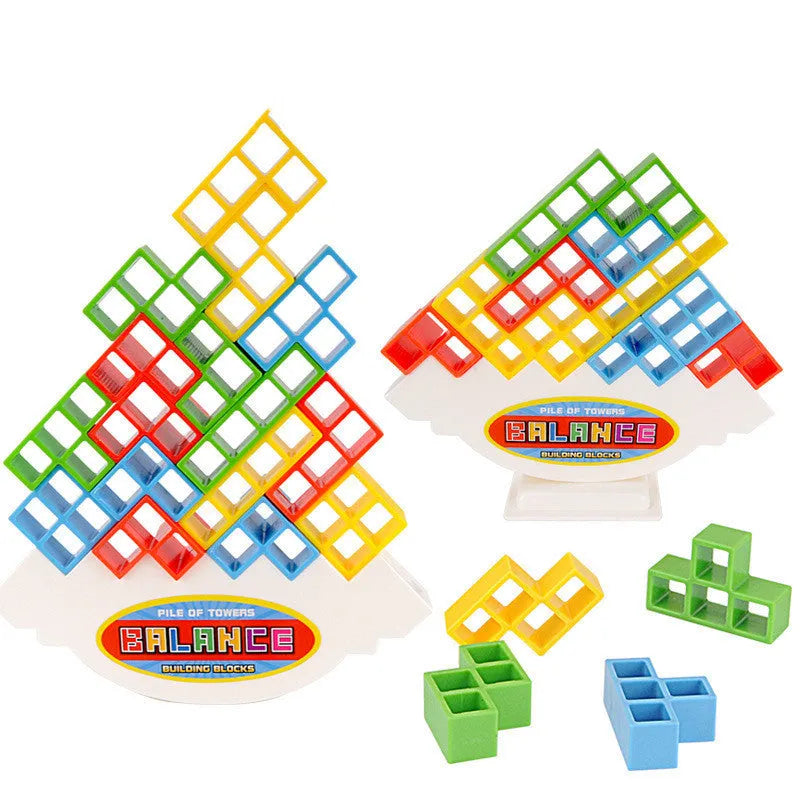 Plastic balance stacking game with 16 colourful blocks, chassis, and base for kids and adults