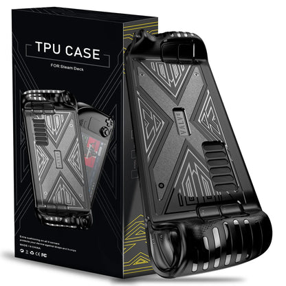 Red silicone soft shell protective case for a Steam Deck game console.