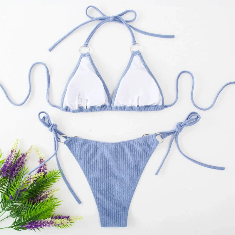 Women's bandage style bikini set with side tie thong in various colours