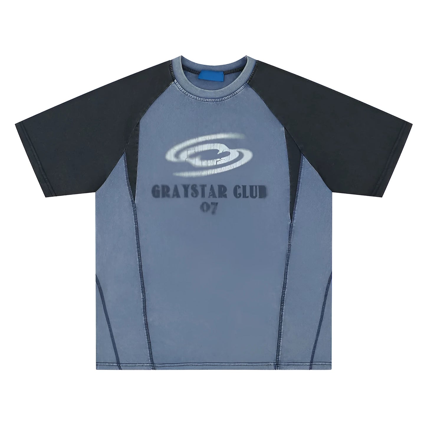 A blue men's hip hop letter print T-shirt with raglan sleeves on a hanger.