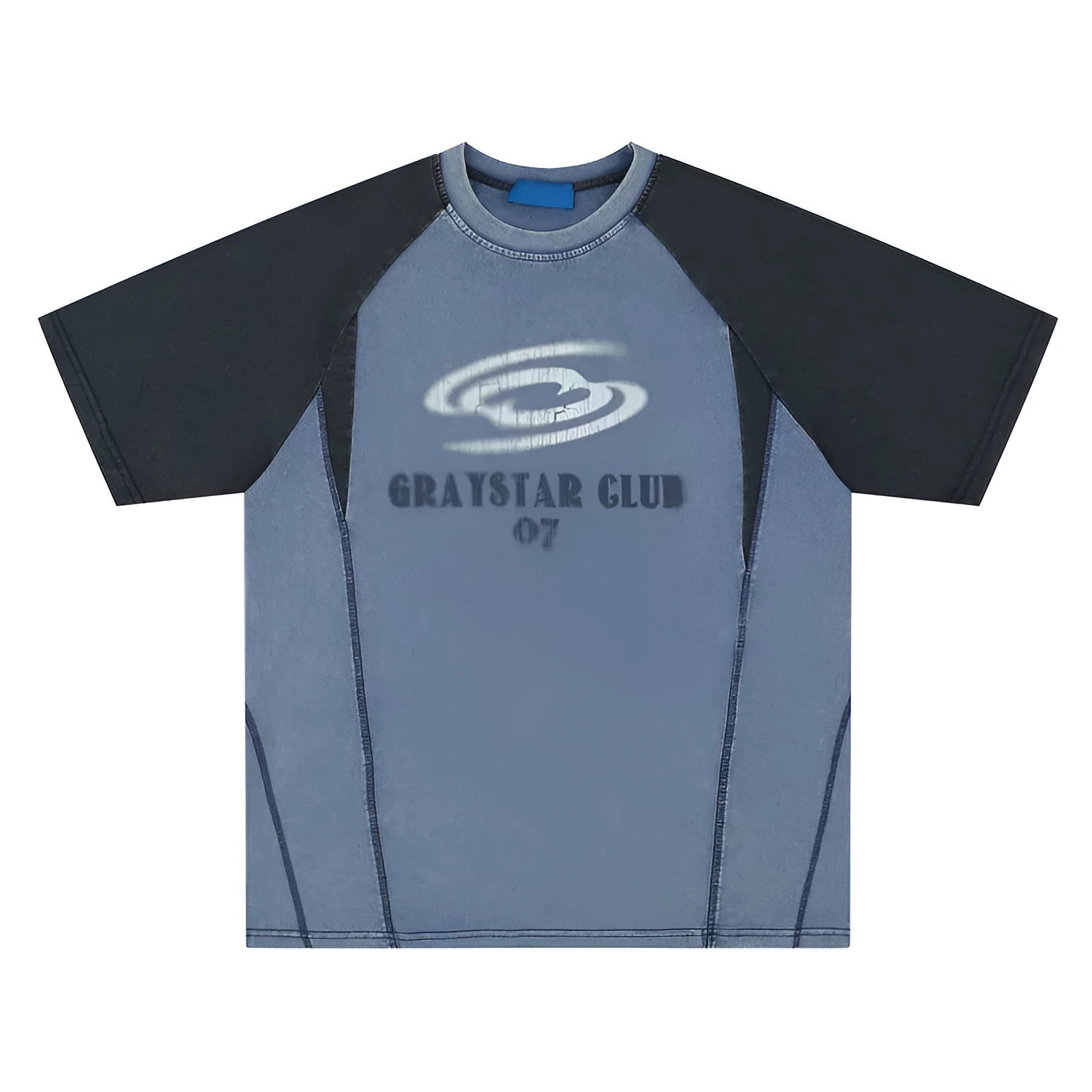A blue men's hip hop letter print T-shirt with raglan sleeves on a hanger.