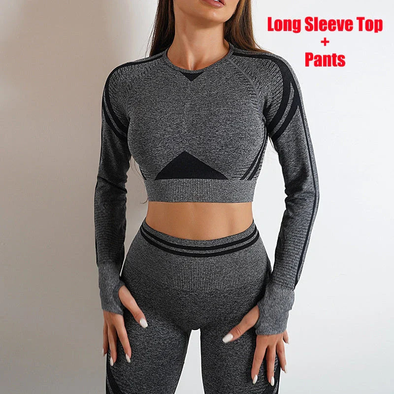Seamless yoga leggings and long sleeve workout tops in various colors and styles