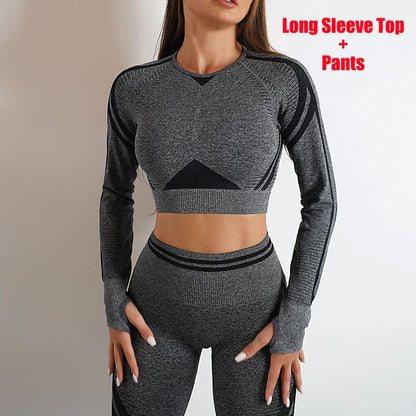 Seamless yoga leggings and long sleeve workout tops in various colors and styles