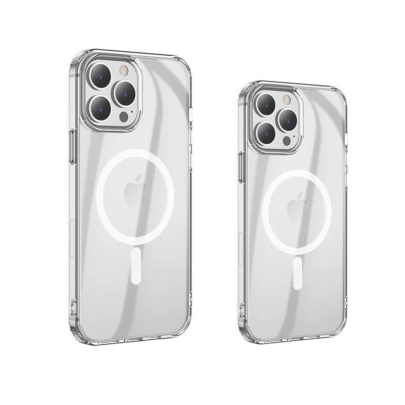 Transparent MagSafe magnetic airbag protective case for iPhone 13 models on a table.