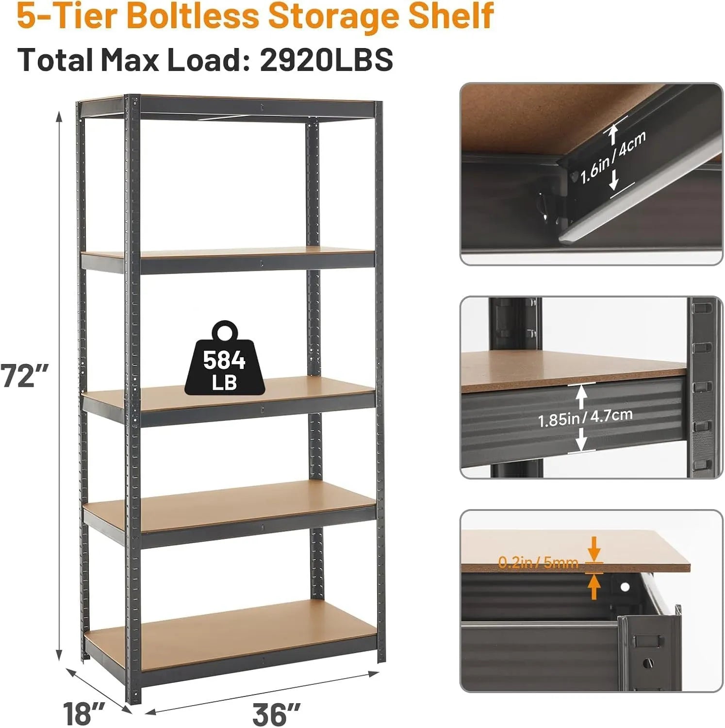 Black five-shelf floor display storage stand measuring 180cm tall