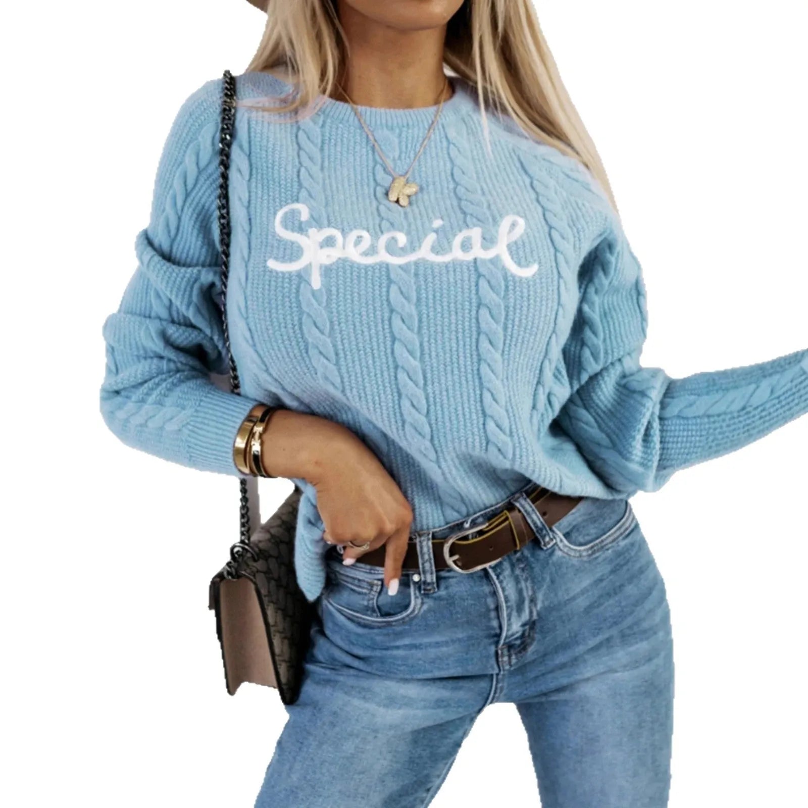 Blue leisure pullover with embroidered letters and text pattern, crew neck street fashion knitwear