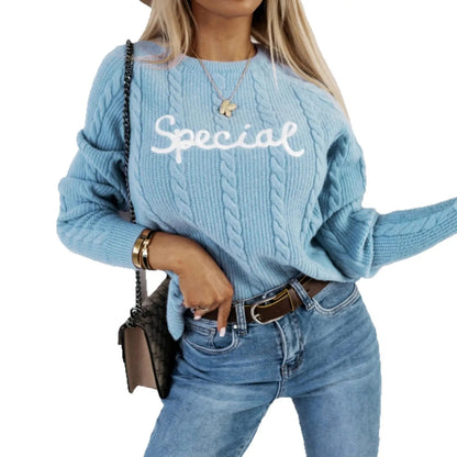 Blue leisure pullover with embroidered letters and text pattern, crew neck street fashion knitwear