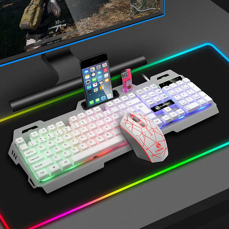 Luminous gaming keyboard and mouse combo in black or white colours with photoelectric technology