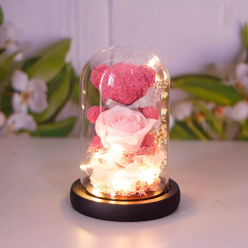 Eternal preserved rose and teddy bear gift box with warm LED lights