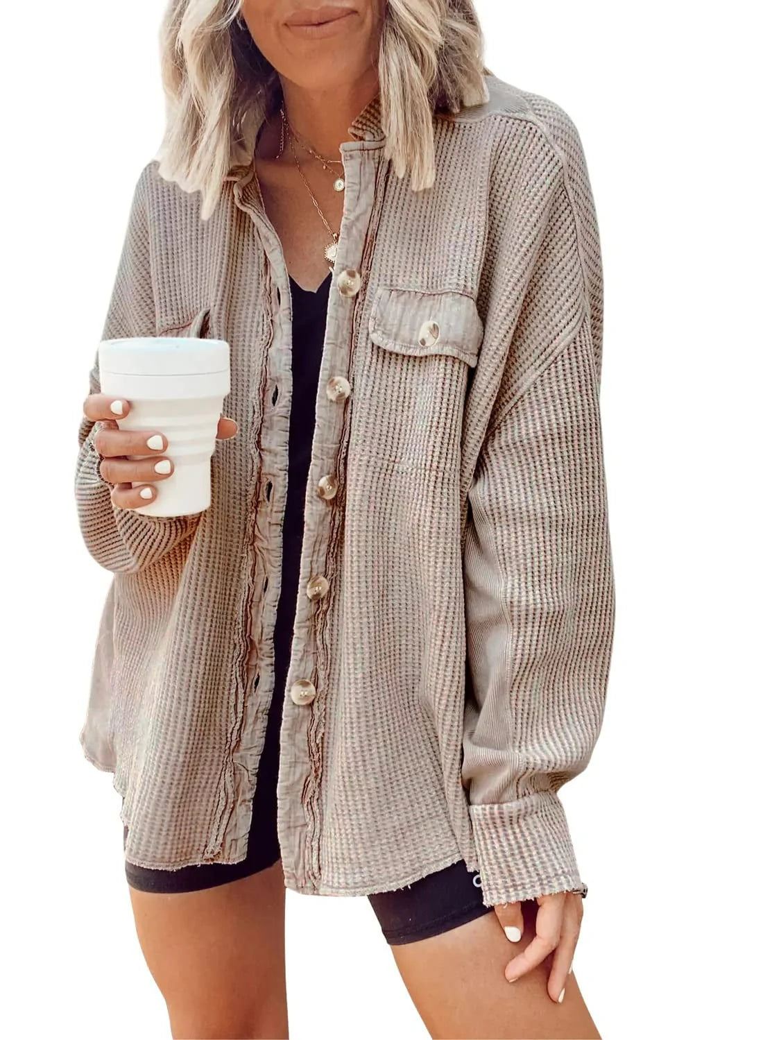 Women's lapel long sleeve button shirt jacket in various colours