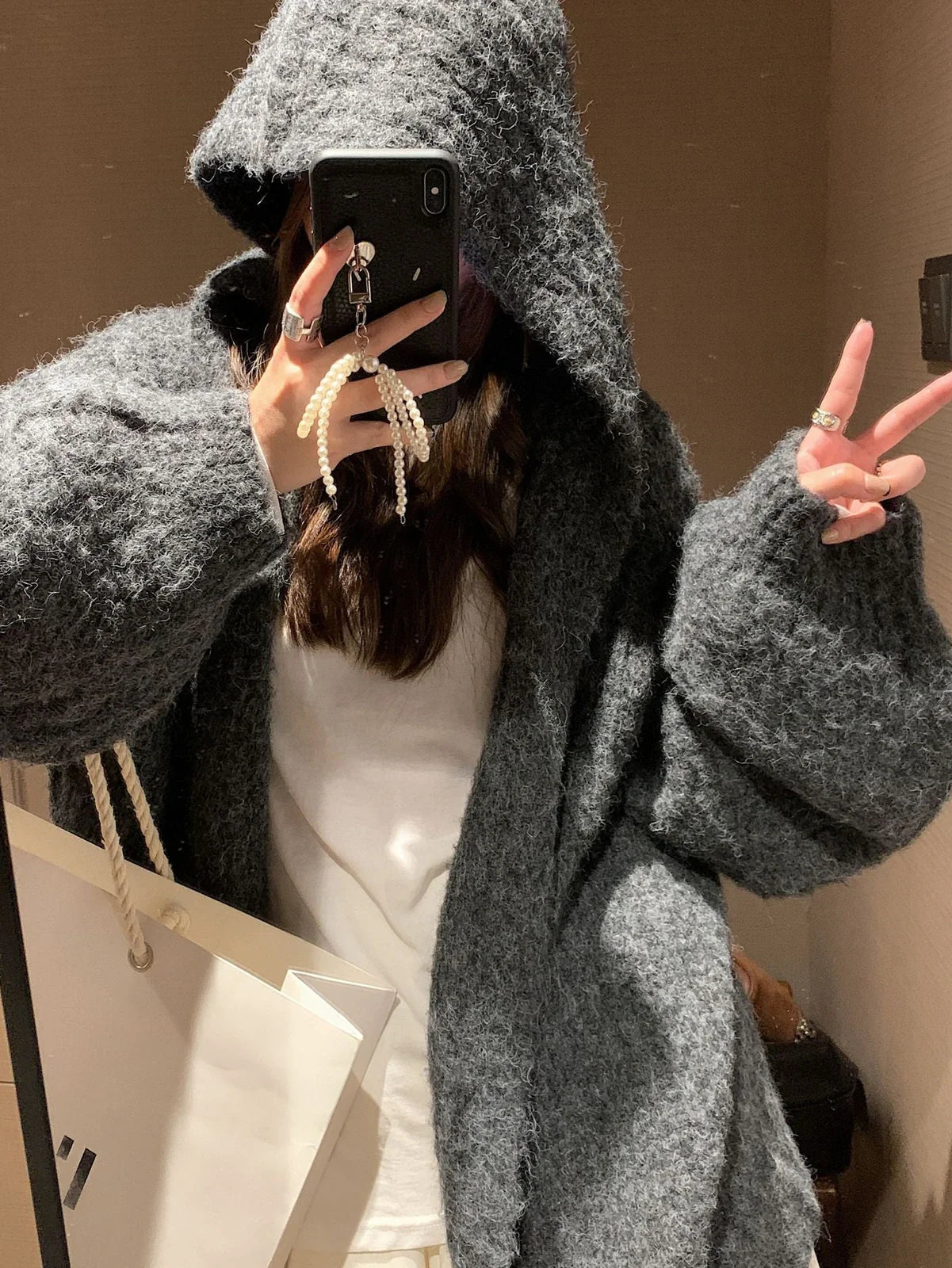 Women's grey hooded cardigan with thick acrylic fabric and regular sleeves