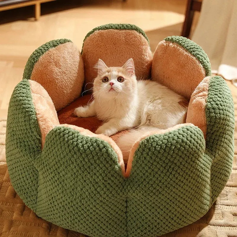 Green petal cactus-shaped plush cat bed with a cave-like opening on a wooden floor