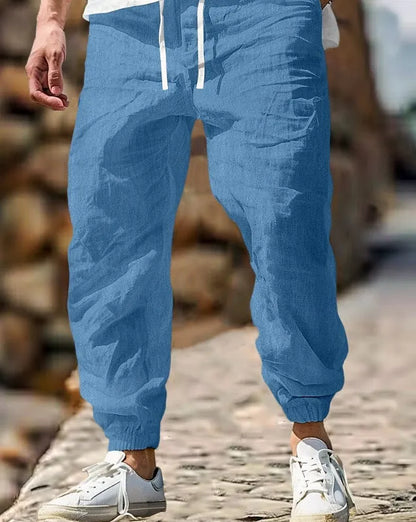 Men's straight-leg cotton trousers with elastic waist in seven colours, sizes S to XXXL for summer wear