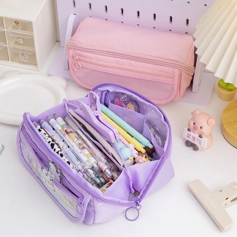 Ten-layer flip canvas pencil case showing multiple compartments in available colours