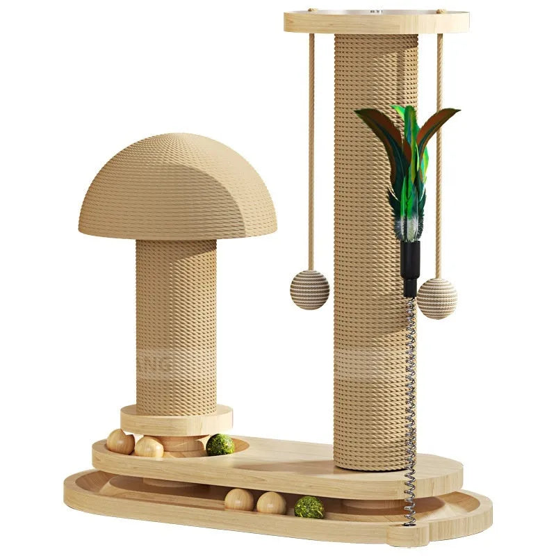Solid wood cat scratching post with sisal rope and a brown oval turntable on a thick wooden base.