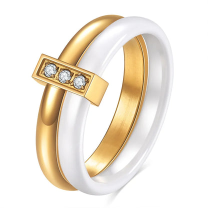 Women's ceramic ring with geometric design, glossy stitching, and zirconium inlay in steel black or gold white finish