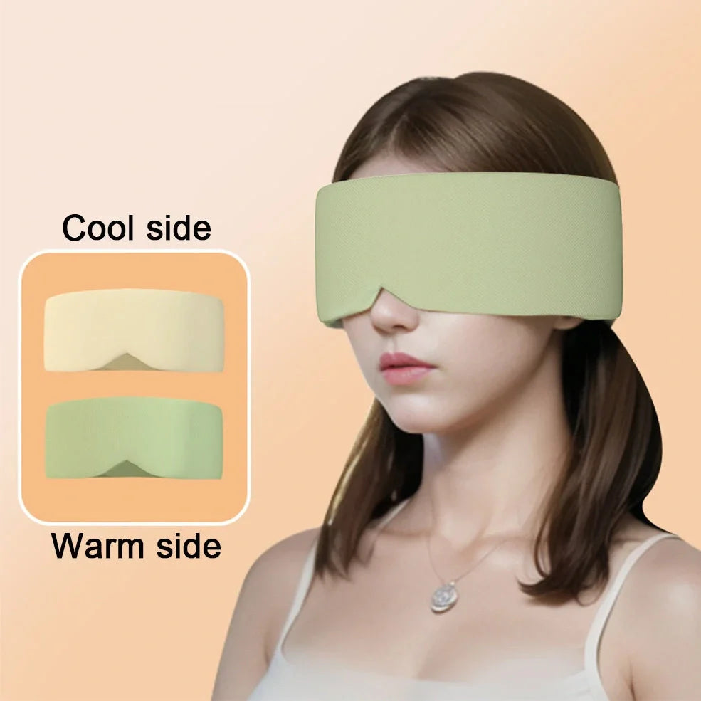 Double-sided sleep mask showing warm cotton and cooling ice silk surfaces with adjustable headband